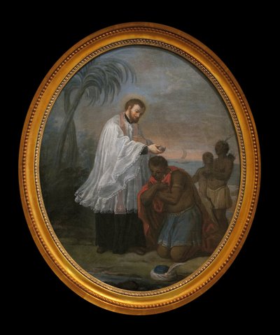 Ik doop een Indiaan. Het personage dat de doop ontvangt lijkt geen Indiaan te zijn, in tegenstelling tot de twee personages op de achtergrond. Dit schilderij zou een allegorie kunnen zijn van de jezuïeten zendingsmissie op alle continenten. Het stelt ons e door French School