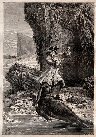 Ik stak mijn spade in zijn borst: Woodes Rogers aangevallen door een zeehond op een van de Galapagos-eilanden in de Stille Oceaan in 1709 - illustratie uit 