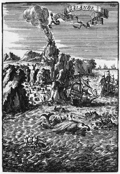 IJsland en walvisvangst, illustratie uit Beschrijving van het Universum door Allain Manesson Mallet, gepubliceerd Parijs, 1683 door French School