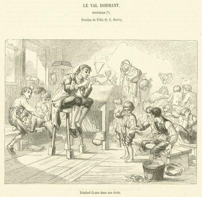 Ichabod Crane in zijn school (gravure) door French School