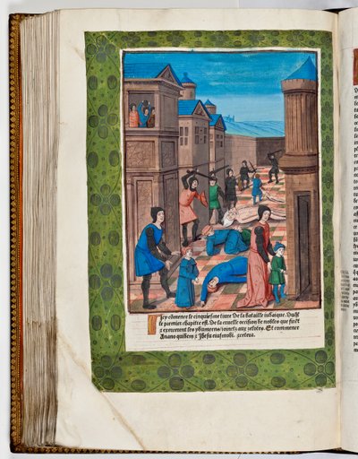 Idumeërs komen in opstand tegen Rome door de opperpriesters Ananus en Jezus te vermoorden, 68 AD (handgekleurde prent) door French School