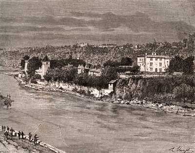 Ile Barbe in het midden van de Saone, in het 9e arrondissement van Lyon - gravure in 