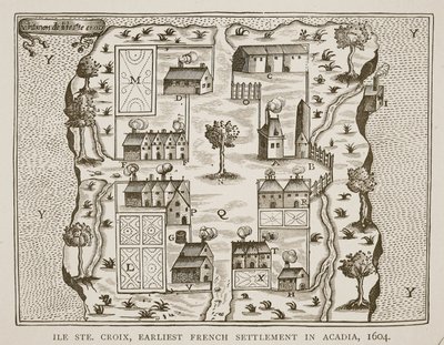 Île Ste. Croix, de vroegste Franse nederzetting in Acadië, 1604, uit Voyages door Samuel de Champlain (ca. 1580-1635), 1613 door French School