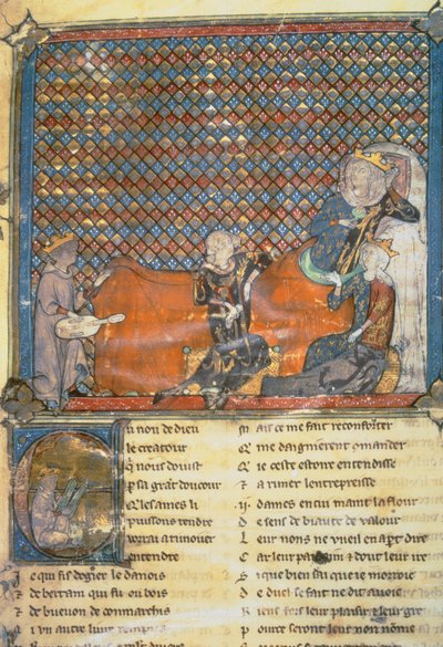 Verluchte pagina uit een Anthologie, van links naar rechts, Adenet le Roi, een minstreel van Hertog Hendrik; Graaf Guy van Vlaanderen; Marie, Koningin van Frankrijk en vrouw van Filips de Stoute (1342-1404); en Mada door French School
