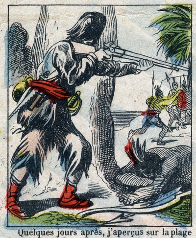 Illustratie voor het boek van Daniel Defoe Robinson Crusoe. Epinal afbeelding eind 19e eeuw door French School