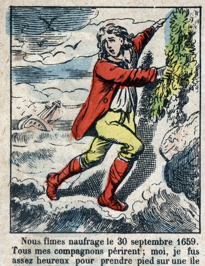 Illustratie voor het boek van Daniel Defoe "Robinson Crusoe". Epinal afbeelding eind 19e eeuw. door French School