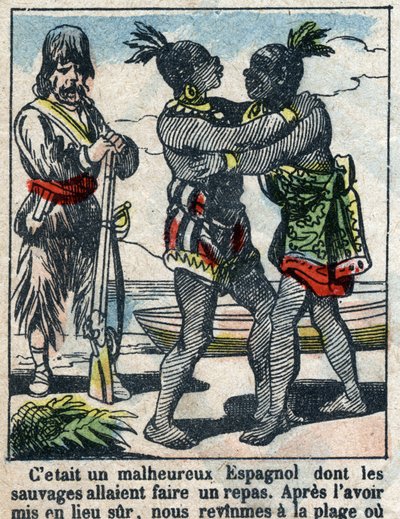 Illustratie voor het boek van Daniel Defoe "Robinson Crusoe". Epinal afbeelding eind 19e eeuw. door French School