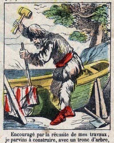 Illustratie voor het boek van Daniel Defoe "Robinson Crusoe". Epinal afbeelding eind 19e eeuw. door French School