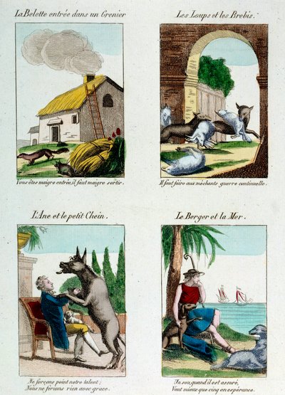 Illustratiebord voor de fabels van Jean de La Fontaine: wezel in een zolder, wolven en schapen, ezel en hond, herder en zee. Gravure door French School