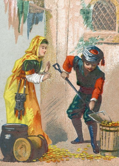 Illustratie voor de Verhalen van Duizend-en-een-nacht. Ali-Baba (Ali Baba) laadt zijn gouden ezels en keert terug naar huis. Chromolithografie rond 1890 door French School