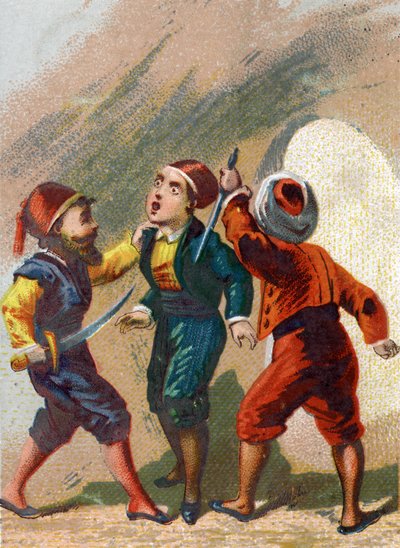 Illustratie voor de Verhalen van Duizend-en-een-nacht. Cassim jaloers op Ali Baba gaat ook naar de grot maar vergeet het woord om eruit te gaan en wordt vermoord door dieven. Chromolithografie rond 1890. door French School