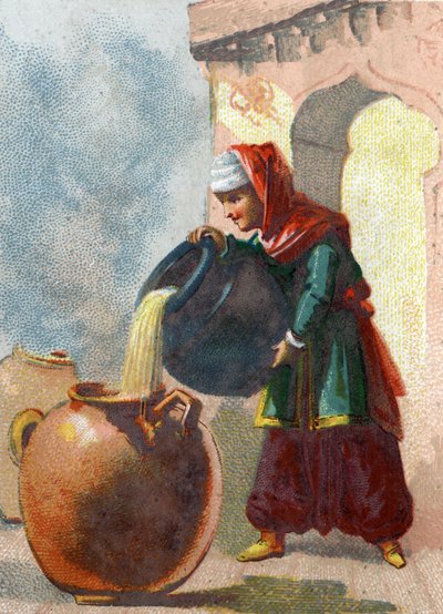 Illustratie voor de Verhalen van Duizend-en-een-nacht. Morgiane, een slaaf van Ali Baba, die ontdekte dat de vazen dieven bevatten, nam hun leven door kokende olie in elk vat te gieten. Chromolithografie rond 1890. door French School