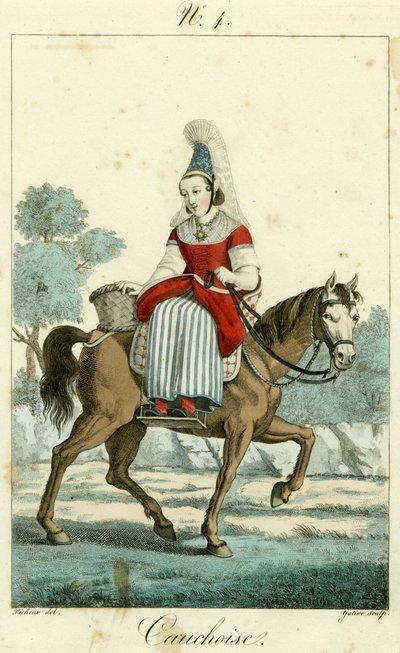 Illustratie nr. 4, Cauchoise kostuum (gekleurde gravure) door French School