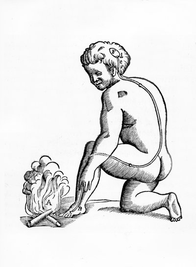 Illustratie van de werking van de kanalen van de pijnappelklier op het menselijk zenuwstelsel in relatie tot een reactie op vuur, uit Tractatis de Homine, gepubliceerd in Amsterdam door Elsevier, 1677 door French School