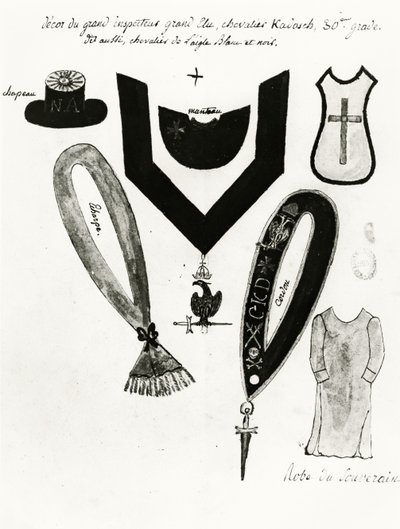 Illustraties van maçonnieke regalia en kleding van de Ridder Kadosh, 30e graad, in de Schotse Ritus van de Vrijmetselarij, 1813 door French School