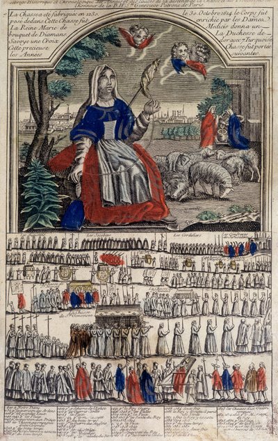 Afbeelding van Epinal over Sainte Geneviève, Patroonheilige van Parijs. Gravure 19e eeuw. Museum van Notre Dame de Paris. door French School