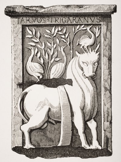 Afbeelding van het Heilige Os Keltisch monument gevonden onder het koor van de Notre Dame kathedraal in Parijs in 1711, uit Le Moyen Age et La Renaissance door Paul Lacroix (1806-84) gepubliceerd in 1847 door French School