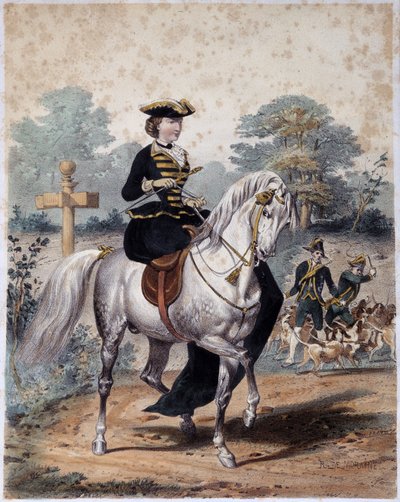Keizerin Eugenia in jachtoutfit. Anonieme gravure, sd. ca. 1860 door French School