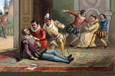 In 1589 vermoordde de monnik Jacques Clement Koning Hendrik III met een messteek nadat hij hem een brief had laten lezen. De koning stierf in de armen van Hendrik van Navarra. Chromolithografie rond 1890 door French School