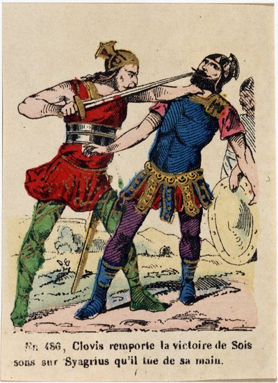 In 480, Clovis won Soissons van Syagrius en doodde met zijn hand door French School