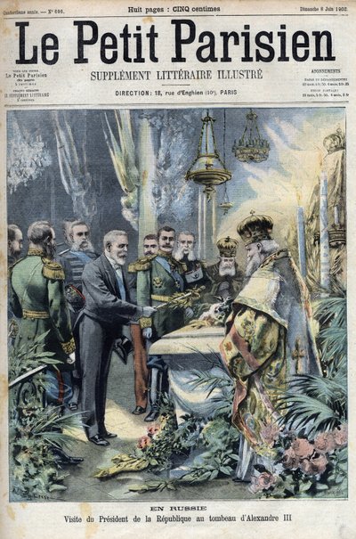 In Rusland: bezoek van president Emile Loubet (1838-1929) aan het graf van Alexander III (1845-1894), keizer van Rusland, in 