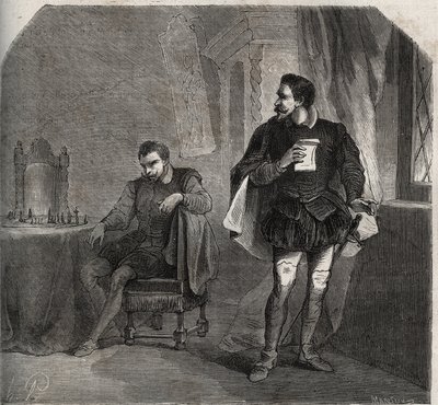 In een schaakspel met James Balfour ontvangt Jacques Hepburn, geliefde van koningin Mary I Stuart, een bericht van de koningin dat haar man Henry Stuart genaamd Lord Darnley informeert door French School