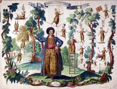 In glorieuze voortekenen Turkse circusartiest Mohammed Achmed Vizaro Mussulmo vertegenwoordigt als een wandelaar achter. Afbeelding van Epinal uit de 19e eeuw. Gravure door French School