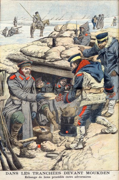 In de loopgraven voor Mukden, Russisch-Japanse oorlog. Japanse en Russische troepen wisselen voedsel en drank uit. In de loopgraaf voor Mukden. Uitwisseling van goederen tussen tegenstanders. Illustratie voor Le petit Journal, 22 januari 1905. door French School