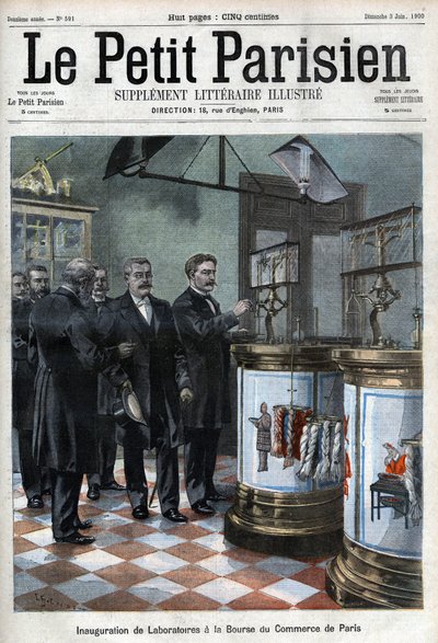 Inhuldiging van laboratoria bij de handelsbeurs: de heer Masson, voorzitter van de Kamer van Koophandel van Parijs, presenteert aan Millerand, minister van Handel, de nieuwe lokalen voor de conditie van borstels en wol en het laboratorium voor papieronderz door French School