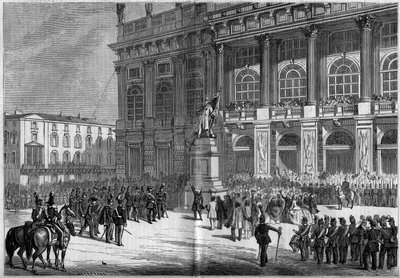 Inhuldiging van het Sardijnse monument door Vincenzo Vela (1820-1891), op het Kasteelplein in Turijn (Italië) op 10 april 1859. Achter het standbeeld staat het 