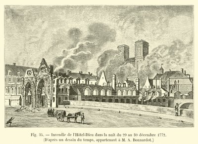 Brand van het Hotel-Dieu in de nacht van 29 op 30 december 1772, Naar een tekening uit die tijd, eigendom van M. A. Bonnardot door French School
