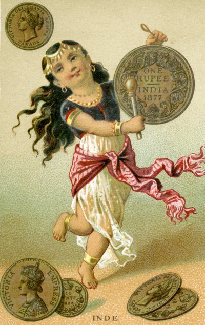 Indiase danser die op een roepiedrum slaat, uit een serie promotiekaarten over valuta in verschillende landen, gepubliceerd in Parijs door Baster & Vieillemard voor gebruik door de chocoladeproducent, Chocolat Ible door French School