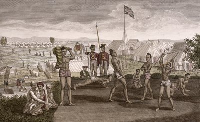 Indiase krijgers oefenen met uitzicht op het kamp van de Engelse resident, c.1810 door French School