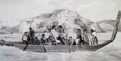 Inheemse Nieuw-Zeelanders op pirogue met versterkt dorp op de achtergrond door French School