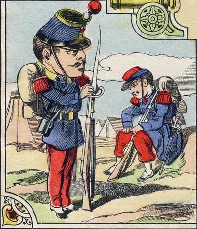 Infanterielinie. Gravure in "Comic Military Alphabet". Vijfde serie. Epinal beeld, eind 19e eeuw door French School