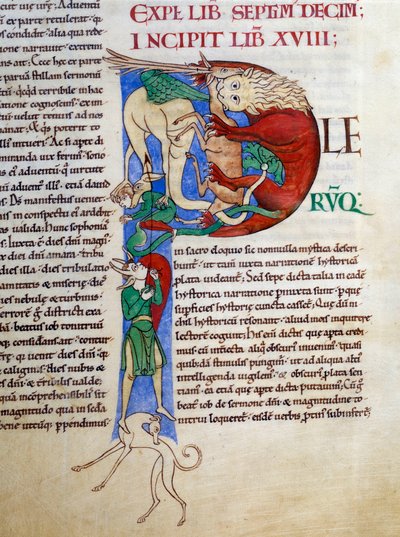 Initiaal P (lettrine): gistduivel mond van de hel. Miniatuur uit het manuscript 