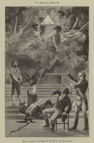 Inwijding in een loge van de Rite van Misraim (gravure) door French School