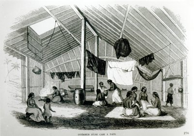 Binnen in een Tahitiaanse hut, uit 
