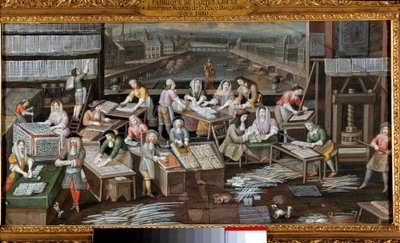 Binnen een speelkaartenfabriek in een huis aan de Place Dauphine in Parijs De verschillende stadia van kaartmaken en verkopen worden beschreven. (schilderij van de Franse School) circa 1680 door French School
