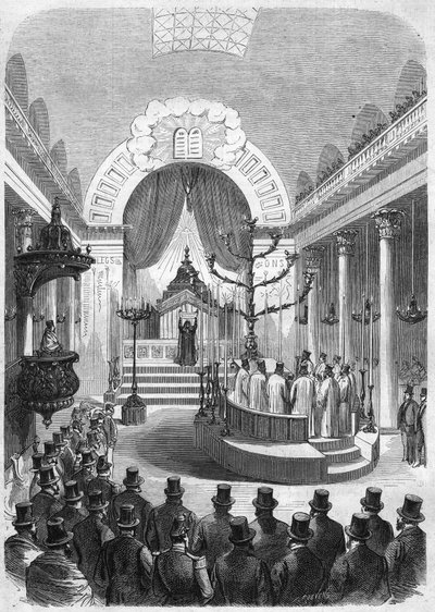 Installatie van de opperrabbijn van de conscriptie van Bordeaux, in de synagoge van de stad in 1864. Gravure naar de schets van Mr. Duffet door French School