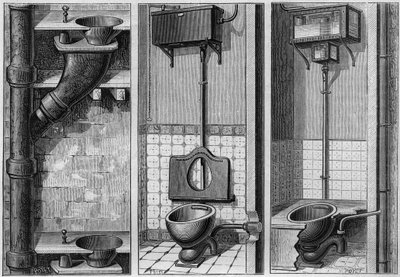 Installatie van drie kamers: (van links naar rechts:) ongezonde kast, sanitaire kast met jachtreservoir en sifon en ventilatieapparaat zonder mechanica. Gravure in 