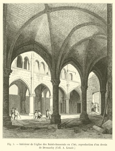 Interieur van de kerk van de Heilige Onschuldigen in 1786; reproductie van een tekening van Desmachy, Coll. A. Lenoir door French School