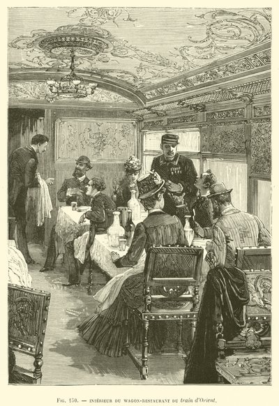 Interieur van de Restauratiewagon van de Oriënt Express (gravure) door French School