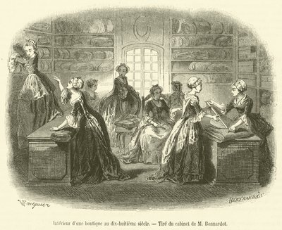 Interieur van een winkel in de achttiende eeuw (gravure) door French School