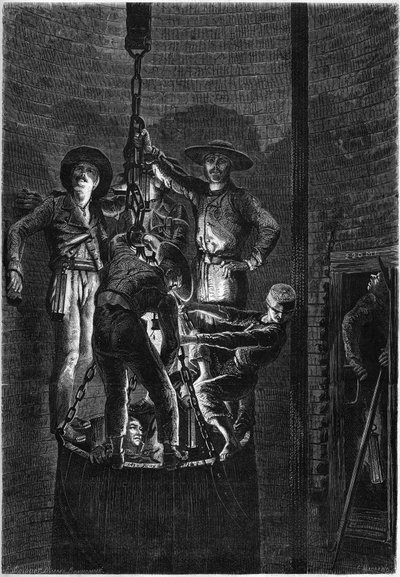 Interieur van een kolenmijnschacht: opkomst van de container. 1861. Gravure in 