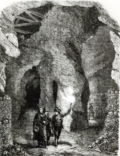 Interieur van de catacomben, Parijs door French School