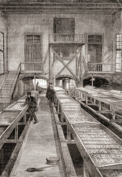Interieur van een 19e-eeuwse viskwekerij in Huningue, Frankrijk, uit Les Merveilles de la Science, gepubliceerd ca. 1870 door French School