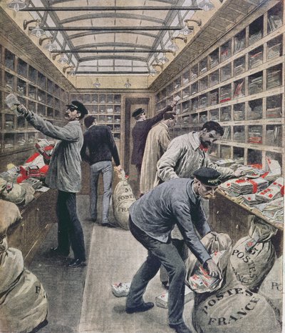 Interieur van een Franse spoorwegpostwagen ten tijde van de Franse poststaking in 1909, illustratie uit Le Petit Journal, 28 maart 1909 door French School