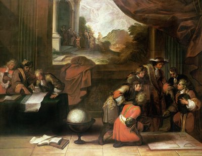 Interieur van een kamer met geografen en wiskundigen, ca. 1680-90 door French School