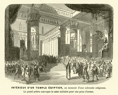 Interieur van een oude Egyptische tempel tijdens een dienst (gravure) door French School